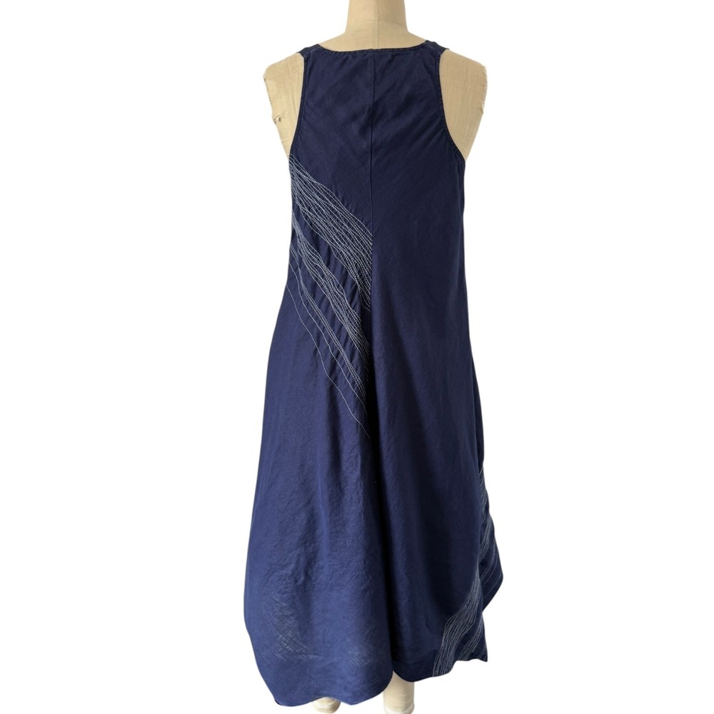 Eileen Fisher Irish Linen Dress Size M Navy Stitched Handkerchief Hem V Neck - Picture 6 of 13